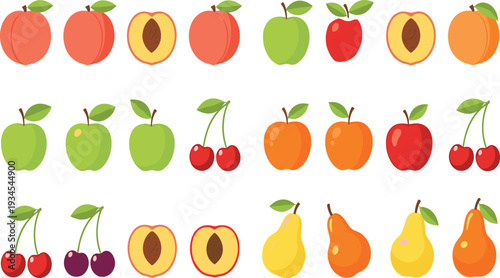 Colorful Fruit Collection Apples Peaches Pears Cherries Set Fresh Organic Food Vector Illustration