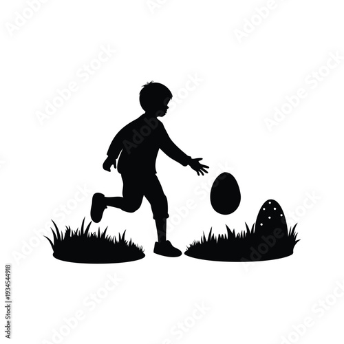 easter egg hunt scene silhouette vector illustration, Silhouette of a child playing with an egg on grass, vector illustration design