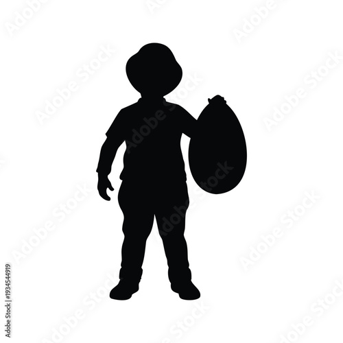 easter egg hunt prize silhouette vector illustration, A young child holding a large bag, silhouette vector illustration design
