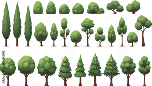 Cartoon Tree Collection Different Forest and Garden Trees Isolated Green Nature Vector Illustration Set