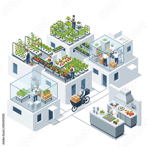 An isometric illustration depicting a sustainable urban farming system integrated into city buildings, showcasing rooftop gardens, vertical farms, and a delivery service.