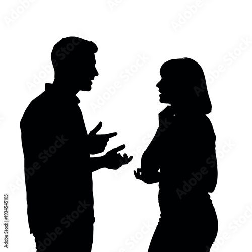 Silhouette of a man and woman arguing facing each other.