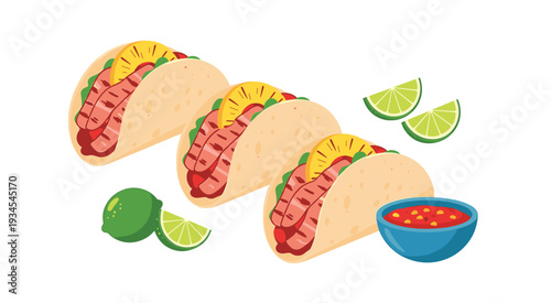 Tacos al Pastor Illustration with Pineapple and Lime Vector on White Background.