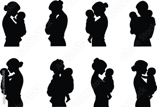 Mother silhouette, baby care, family love, holding child, nurturing bond, parenting illustration, maternal affection, infant care, motherhood art, parenthood, family relationship, childcare