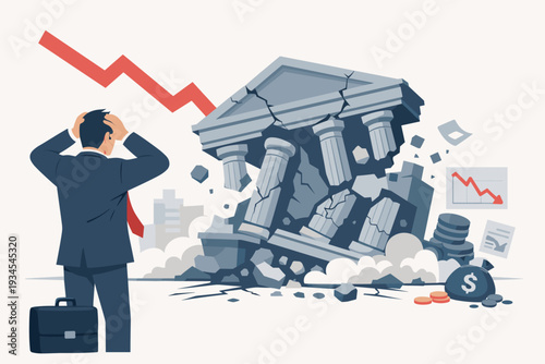 Financial Crisis and Banking Collapse Concept with Businessman Watching a Bank Building Crumble, Economic Downturn, Stock Market Crash, Bankruptcy, Credit Risk, and Global Recession Illustration
