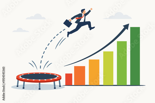 Businessman jumping from a trampoline towards a rising bar chart with an upward arrow, representing economic recovery, revenue rebound, profit growth, and financial success after a crisis.