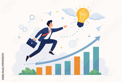 Ambitious businessman jumping on a rising growth chart arrow to catch a flying light bulb with wings, symbolizing creative thinking, innovation, inspiration, and successful business strategy.