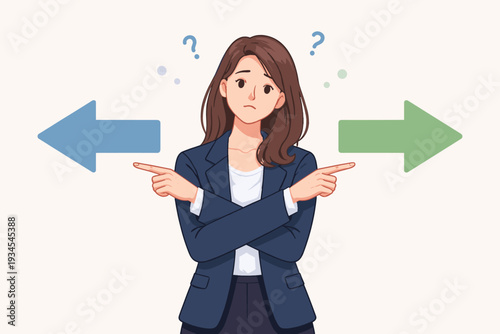 Confused business woman making a difficult decision between two directions, pointing at opposite arrows, career path choice, professional dilemma, uncertainty in work options, vector illustration.