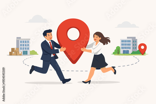 Business relocation and office moving concept with happy businessman and businesswoman carrying a large red map pin icon to a new location address, company expansion and corporate migration.