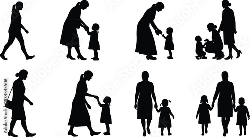 Mother child silhouette, walking holding hands, parenting family bond, relationship love care, vector illustration, graphic design, editable