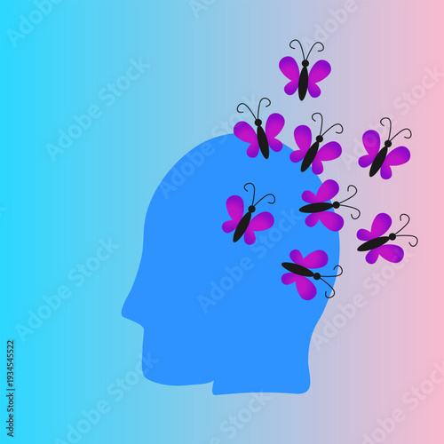 Stylized blue head silhouette with butterflies flying out on a gradient background, symbolizing creativity, imagination, and transformation, reflecting the trend of strong visuals and sensory appeal