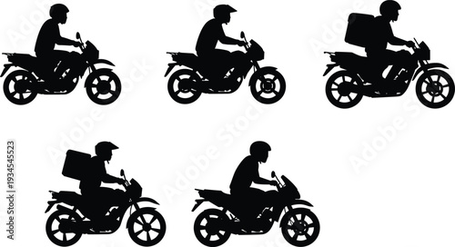 Motorcycle delivery riders silhouette, courier service illustration, helmet safety concept, urban transport, logistics workforce, black vector graphic, isolated design