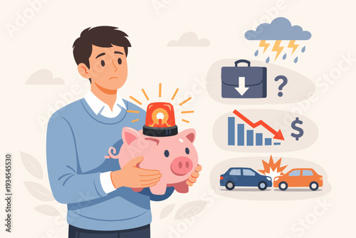 Man Holding Piggy Bank with Siren for Emergency Fund Planning. Icons for Job Loss, Economic Crisis, and Car Accident Representing Financial Security and Preparedness for Unexpected Life Events.