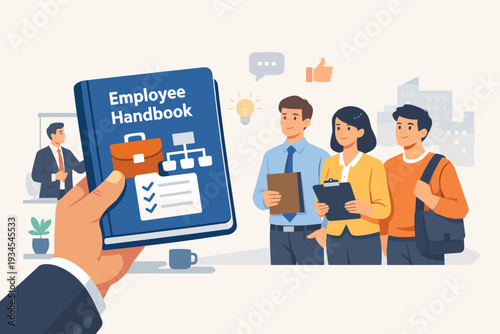 Employee Handbook Manual for Onboarding New Staff Procedure and Company Rules for Welcome New Hire to Know Corporate Culture, HR Management Training Guide with Diverse Office Workers Illustration