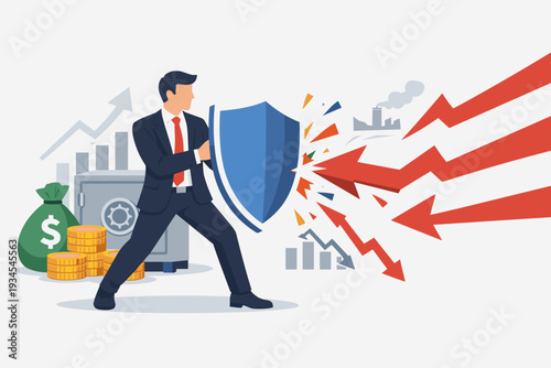 Businessman Holding Shield to Protect Wealth and Savings from Economic Recession, Financial Loss, and Market Volatility. Concept of Risk Management, Investment Defense, and Asset Security.