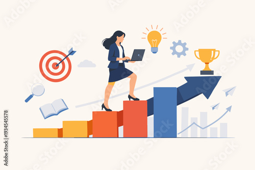 Businesswoman climbing bar graph stairs with laptop to reach a trophy, representing career growth, professional success, motivation, goal achievement, leadership, and personal development.