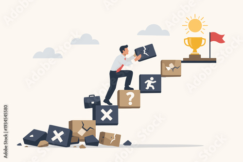 Businessman Climbing a Staircase Made of Broken Blocks and Failures to Reach a Success Trophy. Vector Illustration Representing Resilience, Ambition, and Never Giving Up on Career Goals.