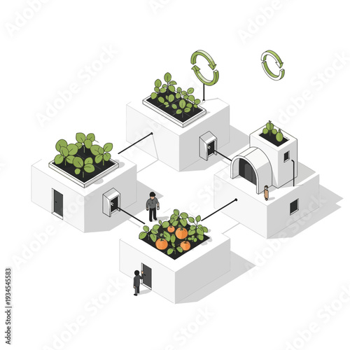 Conceptual illustration of a modular urban farming system with interconnected modules for growing various plants and vegetables.