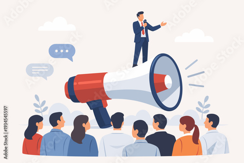 Business leader standing on a large megaphone speaking to employees. Executive management communication skills for corporate announcements, public speaking, and sending important messages to team.
