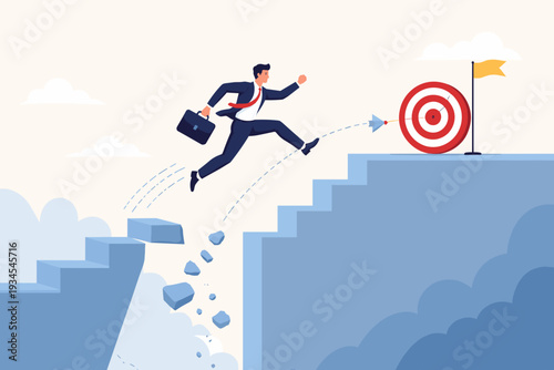 Ambitious businessman jumping over a broken staircase gap to reach a target goal, symbolizing overcoming challenges, career progression, risk management, and the path to professional success.