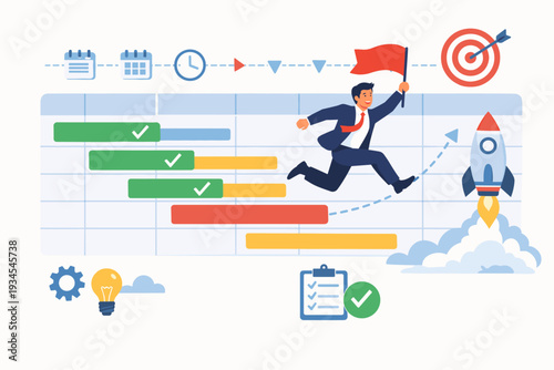 Businessman Running on Gantt Chart for Project Management and Workflow Tracking to Launch Startup. Illustration of Task Completion, Timeline Planning, Goal Achievement, and Business Productivity.