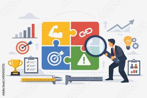 SWOT Analysis Concept with Businessman Using Magnifying Glass to Examine Strengths Weaknesses Opportunities and Threats Puzzle. Strategic Planning, Market Research, and Business Growth Strategy.