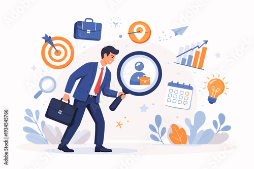 Professional businessman searching for career opportunities with a magnifying glass, recruitment and job hunting concept, talent acquisition, human resources, and business growth strategy.