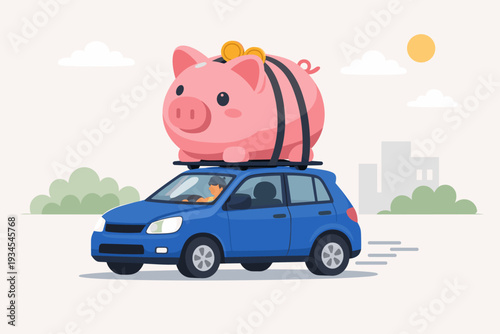 Saving Money to Buy a New Car, Expense or Budget for Car Maintenance Service, Debt or Car Loan Concept with a Giant Piggy Bank on Top of a Blue Vehicle Driven by a Man in a Flat Vector Illustration.