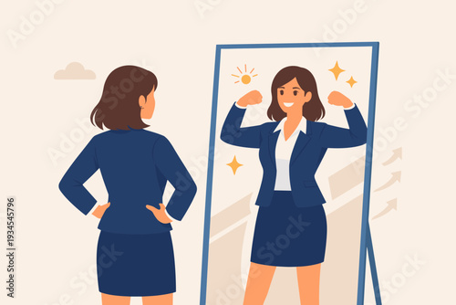 Businesswoman looking in the mirror and seeing a strong, powerful version of herself. Concept of self-confidence, self-esteem, motivation, and positive thinking to boost belief and success.