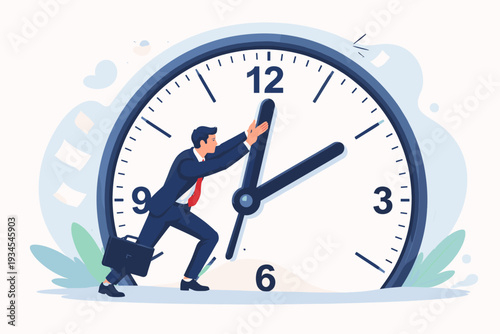 Businessman in a suit pushing back the hands of a giant clock, conceptual illustration of deadline pressure, time management, urgency, work stress, and the desire to turn back time to fix mistakes.
