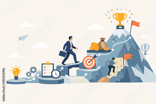 Businessman walking up steps to success on a mountain peak with a trophy, featuring icons for idea, planning, time management, target, and wealth. Career growth and business strategy illustration.