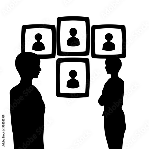 Silhouetted business professionals with profile pictures on screens