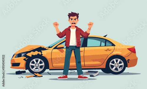 macchina automobile rotta con uomo arrabbiato per incidente  stradale  vettoriale