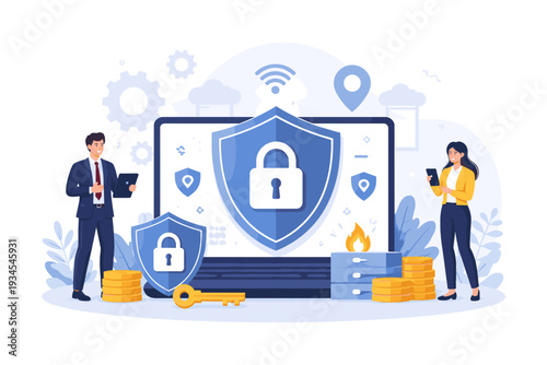VPN Virtual Private Network Security and Protection for Internet Access Technology with Firewall Encryption, Data Privacy, Cyber Security Shield on Laptop Screen for Business and Personal Safety
