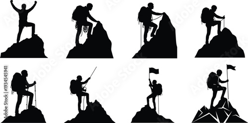 Mountain climber silhouettes, hiking adventure, summit victory, outdoor exploration, extreme sports, mountaineering gear, trekking success, nature challenge