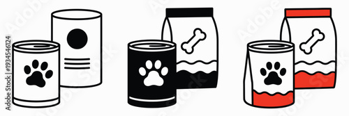 Pet food icon featuring tin can and meal, dog food sign vector set graphics with editable stroke linear icons for pet care, animal nutrition, and professional design projects.