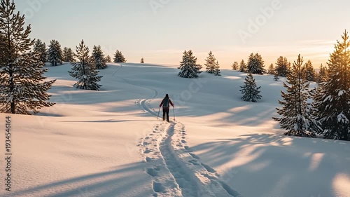A lone skier traverses a pristine snowy landscape at sunset.