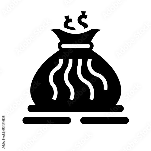 A black and white icon of a money bag with dollar signs