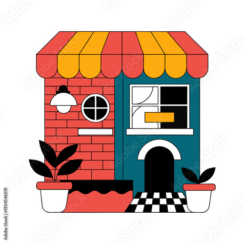 A colorful cartoon building with a striped awning