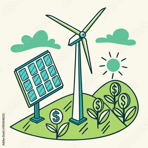 Renewable energy sources on a green hill