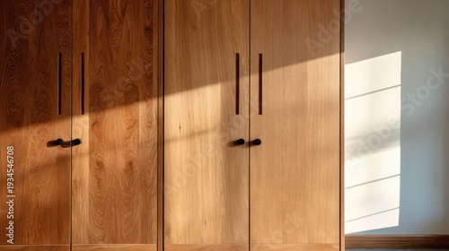 Modern interior with wooden cabinets, light shadows, warm tones, and minimalist design in contemporary living space, creating a cozy atmosphere