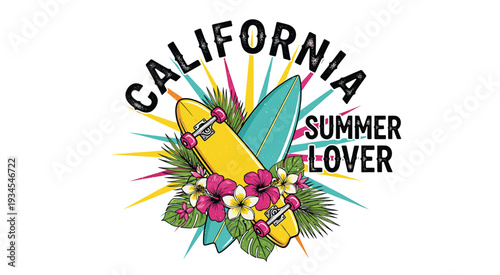Vintage California Summer Good Vibrations Beach Illustration.