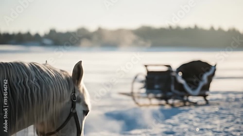 A horse in a winter landscape with a sleigh in the background.