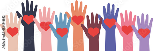 Diverse hands with hearts symbolizing love and unity