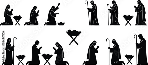 Nativity silhouette collection featuring Mary, Joseph, baby Jesus, manger scene, Christmas worship poses, perfect for religious illustration and holiday design projects