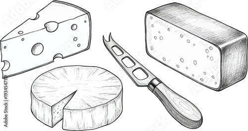 Assorted cheese selection with cheese knife round brie wheel swiss and hard cheese block for gourmet food illustration