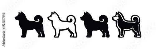 Shiba Inu Dog Silhouettes and Outline Icons Collection. Black and White Vector Set.