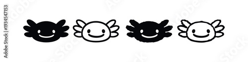 Axolotl Smiling Face Icons Collection. Black and White Vector Illustration.