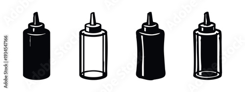 Set of Squeeze Bottle Icons with Straight Nozzle, Ketchup Mustard Sauce Dispenser Illustrations