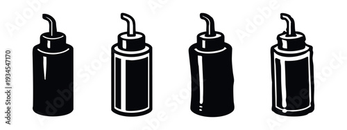 Set of Squeeze Bottle Icons with Bent Nozzle, Ketchup Mustard Sauce Dispenser Vector Illustrations